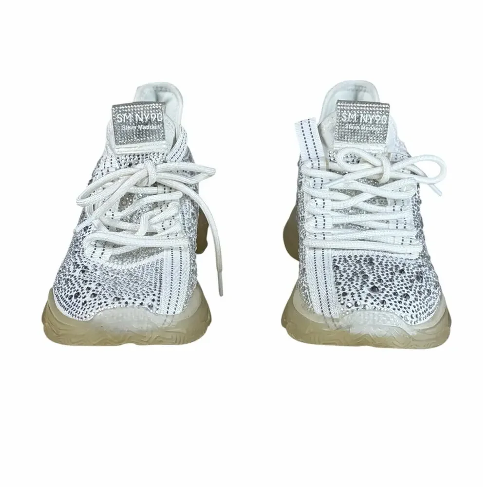 Steve Madden Maxima White Rhinestone Sneakers Womens 8.5 Chunky Sole